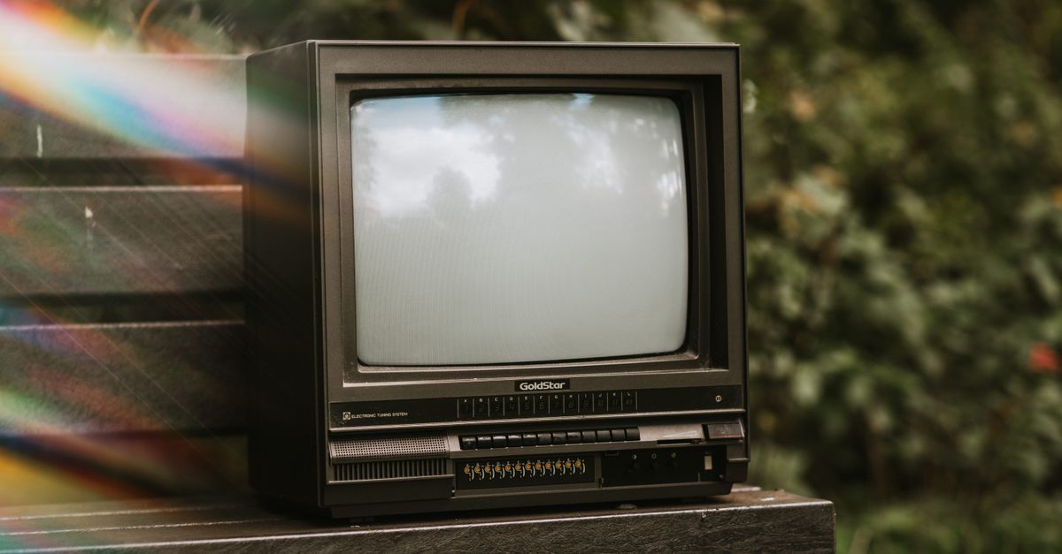 Petite télévision noire rétro posée sur un banc en bois devant des buissons verts