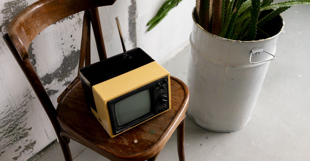 Petit téléviseur rétro posé sur une chaise en bois près d’un pot de cactus