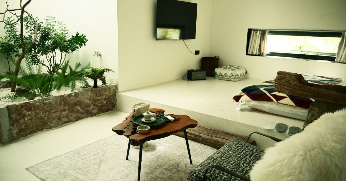 Chambre minimaliste avec plantes vertes et décoration cosy sur un fond lumineux