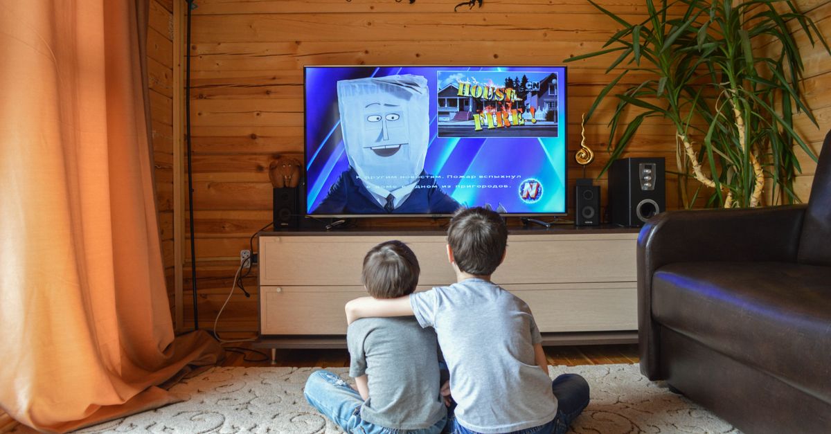 Deux enfants assis par terre, de dos, regardant un écran de télévision dans un salon